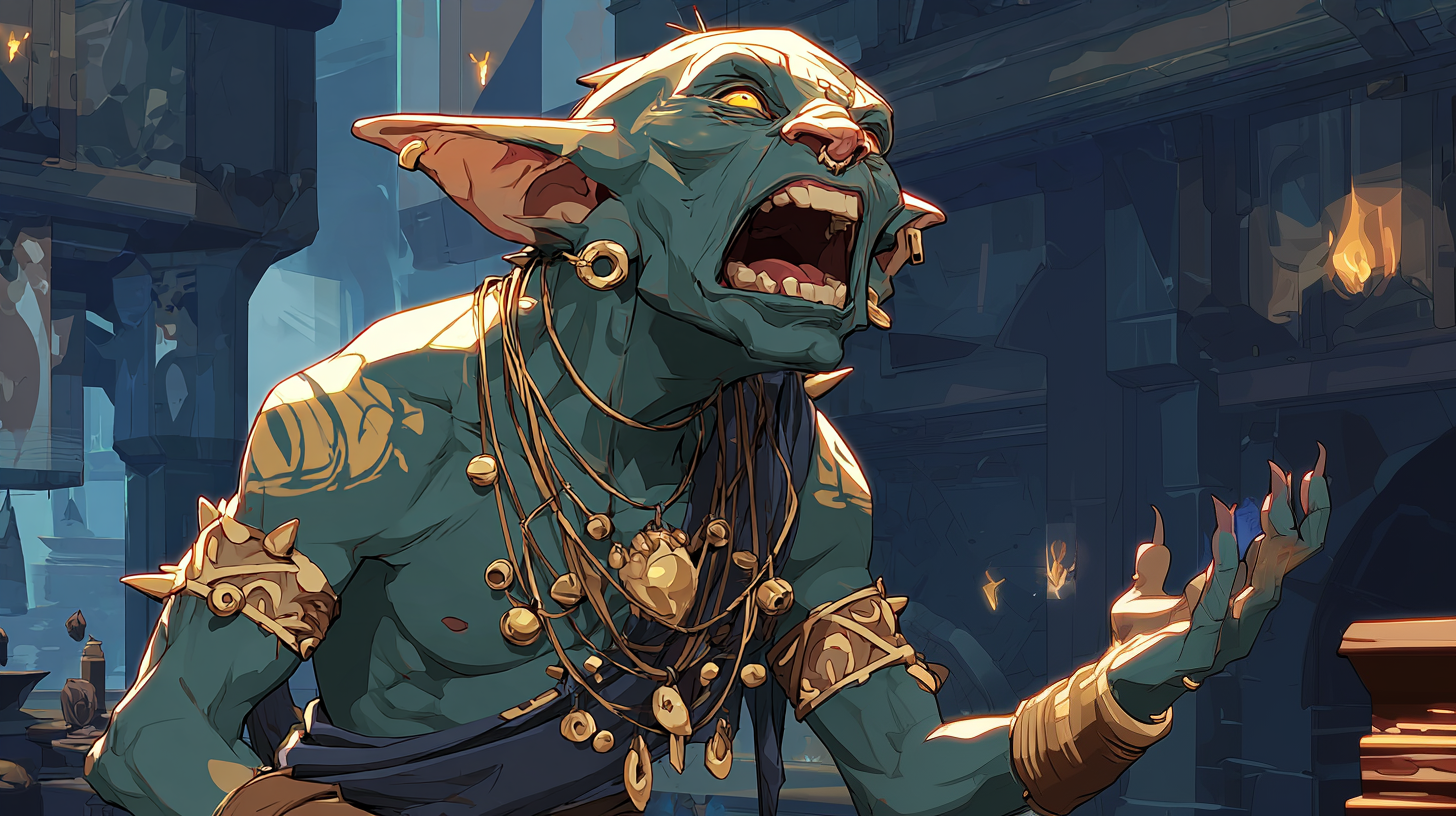 Wily lanky goblin character portrait
